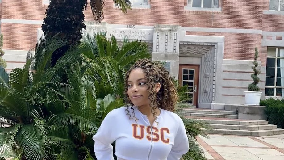 Photo of the author of the blog wearing a USC sweatshirt
